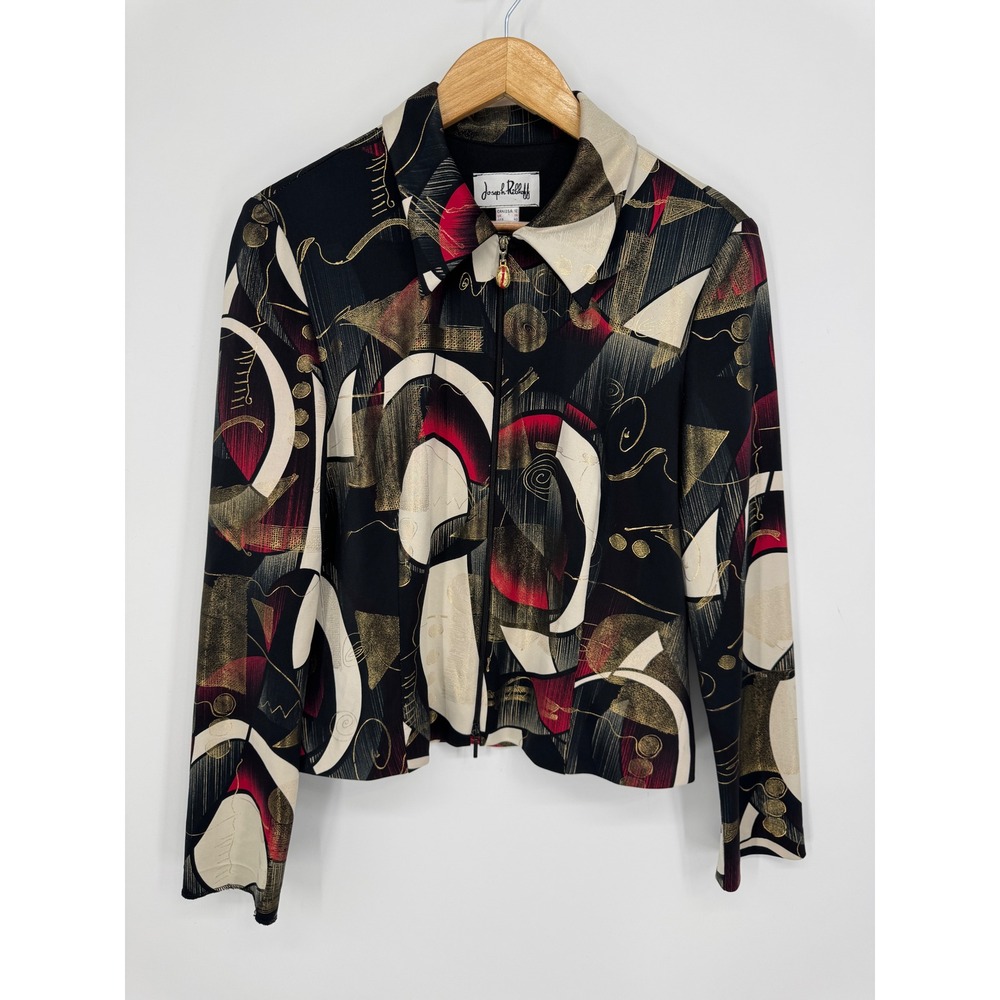 Joseph Ribkoff Abstract Geometric Zip Jacket Women 12 Metallic Gold Art Bold